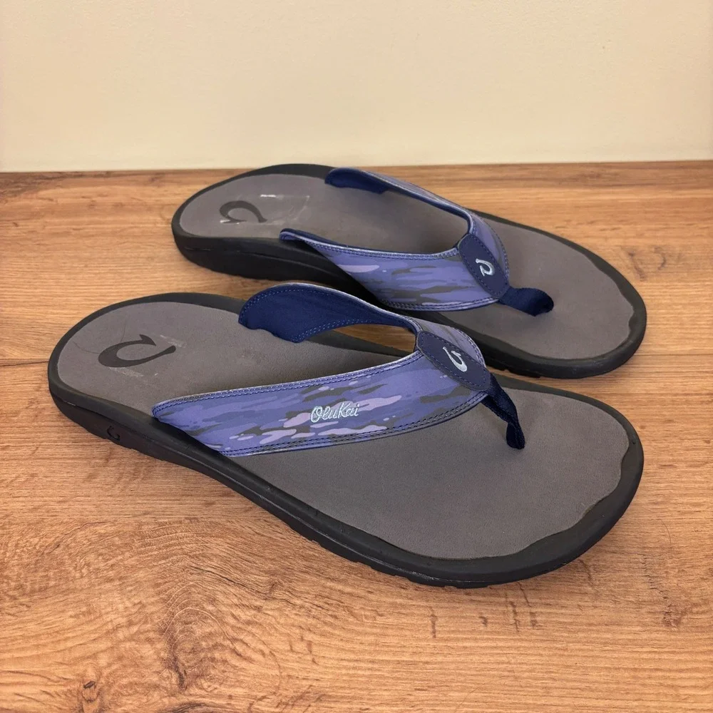 OLUKAI Ohana Pa'i Thong Sandals Trench Blue/Wai Camo Men Size 16 Flip Flops
